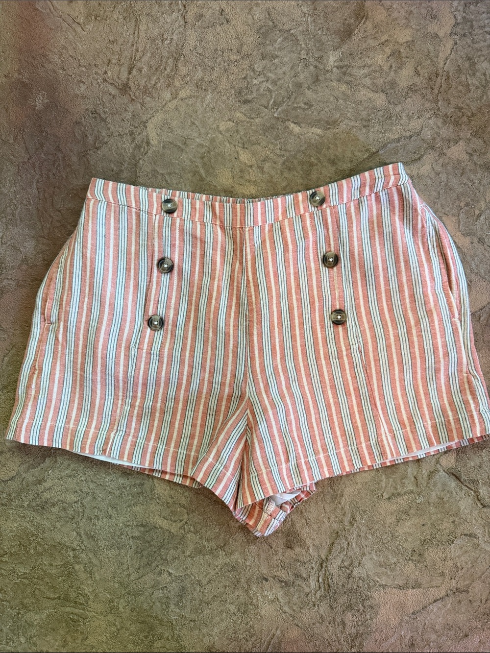 American Eagle Outfitters Coral and White Striped High-Waist Shorts